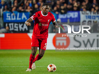 Ibrahima Konate of Liverpool FC is playing in the UEFA Europa League quarter-finals second leg football match against Atalanta BC at Gewiss...