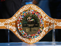 The commemorative boxing belt is being displayed during a press conference for the fight between Saul ''Canelo'' Alvarez and Jaime Munguia i...
