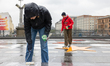 Members of the group Fridays For Future (FFF) are gathering on the Marschallbrucke bridge...