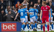Kyle Wootton #19 of Stockport County is celebrating his goal during the Sky Bet League 2 m...