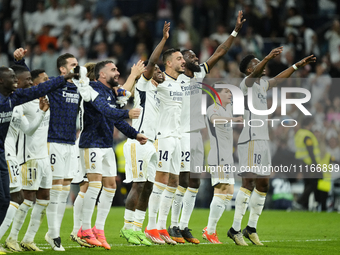 Real Madrid players celebrates victory after the UEFA Women's Champions League 2023/24 semi-final Leg One match between FC Barcelona and Che...