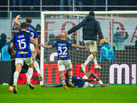 The FC Inter team is celebrating their win against AC Milan during the Serie A match at Giuseppe Meazza Stadium in Milan, Italy, on April 22...