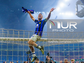 Lautaro Martinez is celebrating the championship during the AC Milan versus FC Internazionale match in Serie A at Giuseppe Meazza Stadium on...