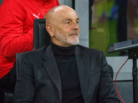 Stefano Pioli, the head coach of AC Milan, is watching the game between AC Milan and FC Internazionale in the Serie A at Giuseppe Meazza Sta...