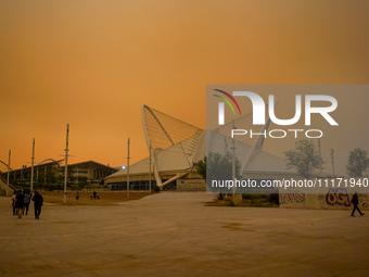 The sky is covered in dust from the Sahara as seen from the premises of the Olympic Stadium in Athens, Greece, on April 23, 2024. (