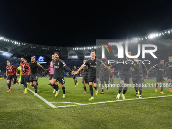 Juventus FC players are celebrating at the end of the Coppa Italia Semi-final Second Leg match between SS Lazio and Juventus FC at Stadio Ol...