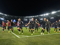 Juventus FC players are celebrating at the end of the Coppa Italia Semi-final Second Leg match between SS Lazio and Juventus FC at Stadio Ol...