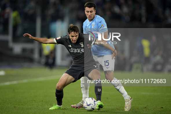 Nicolo Casale of S.S. Lazio is competing for the ball during the Coppa Italia Semi-final Second Leg match between SS Lazio and Juventus FC a...