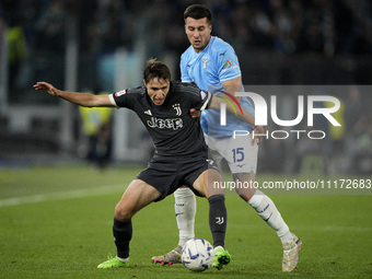 Nicolo Casale of S.S. Lazio is competing for the ball during the Coppa Italia Semi-final Second Leg match between SS Lazio and Juventus FC a...