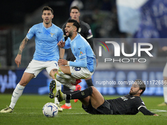 Manuel Locatelli of Juventus FC is competing for the ball with Valentin Castellanos of S.S. Lazio during the Coppa Italia Semi-final Second...