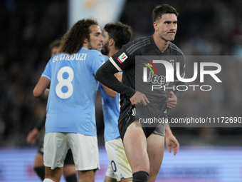 Dusan Vlahovic of Juventus FC is regretting during the Coppa Italia Semi-final Second Leg match between SS Lazio and Juventus FC at Stadio O...