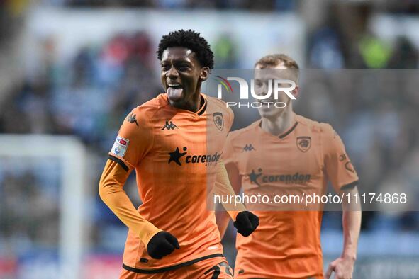 Jaden Philogene of Hull City is celebrating after scoring his team's first goal during the Sky Bet Championship match between Coventry City...