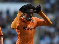 Jaden Philogene (23, Hull City) is celebrating after scoring his team's first goal in front of the Coventry fans during the Sky Bet Champion...