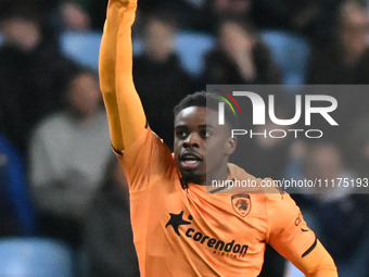 Noah Ohio of Hull City is celebrating after scoring his team's third goal during the Sky Bet Championship match between Coventry City and Hu...