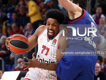 Shaq McKissic and Ricky Rubio are playing in the match between FC Barcelona and Olympiacos Piraeus for Game 1 of the Play-offs of the Turkis...