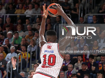 Moustapha Fall is playing in the match between FC Barcelona and Olympiacos Piraeus for Game 1 of the Play-off of the Turkish Airlines Eurole...