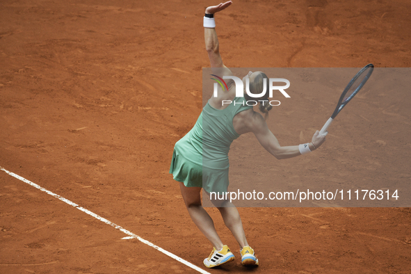 Maria Sakkari of Greece is in action during the 2024 ATP Tour Madrid Open tennis tournament at Caja Magica in Madrid, Spain, on April 25, 20...