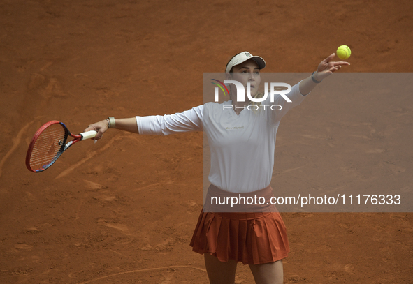 Donna Vekic of Croatia is in action during the 2024 ATP Tour Madrid Open tennis tournament at Caja Magica in Madrid, Spain, on April 25, 202...
