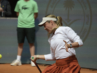 Donna Vekic of Croatia is in action during the 2024 ATP Tour Madrid Open tennis tournament at Caja Magica in Madrid, Spain, on April 25, 202...