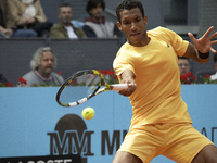 Felix Auger-Aliassime of Canada is in action during the 2024 ATP Tour Madrid Open tennis tournament at Caja Magica in Madrid, Spain, on Apri...