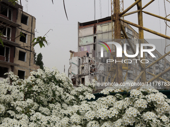 Bushes are blooming outside the apartment building at 118 Naberezhna Peremohy Street, which was hit by a Russian Kh-22 missile on January 14...