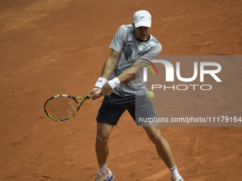 Facundo Bagnis of Argentina is in action during the 2024 ATP Tour Madrid Open tennis tournament at Caja Magica in Madrid, Spain, on April 26...