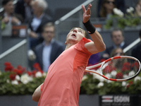 Aleksandr Shevchenko of Russia is in action during the 2024 ATP Tour Madrid Open tennis tournament at Caja Magica in Madrid, Spain, on April...