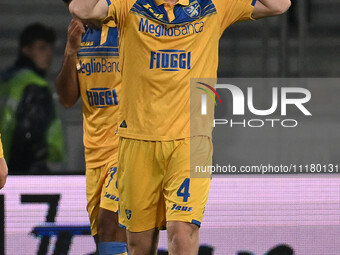 Marco Brescianini of Frosinone Calcio is celebrating after scoring the goal to make it 2-0 during the 34th day of the Serie A Championship b...