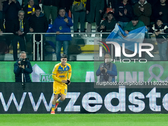 Matias Soule' of Frosinone Calcio celebrates after scoring first goal during the Serie A TIM match between Frosinone Calcio and US Salernita...