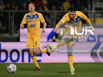 Nadir Zortea of Frosinone Calcio is scoring the third goal in a 3-0 match during the 34th day of the Serie A Championship between Frosinone...