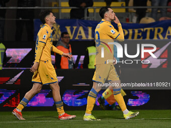 Nadir Zortea of Frosinone Calcio is celebrating after scoring the goal to make it 3-0 during the 34th day of the Serie A Championship betwee...