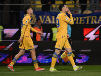 Nadir Zortea of Frosinone Calcio is celebrating after scoring the goal to make it 3-0 during the 34th day of the Serie A Championship betwee...