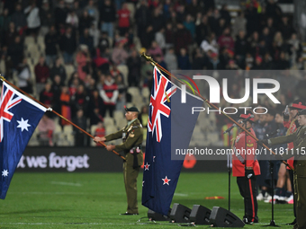 Members of the New Zealand Defence Force are performing a pre-game ANZAC ceremony before the round ten Super Rugby match between the Crusade...