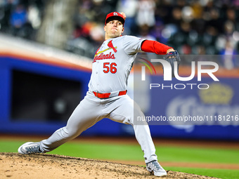 St. Louis Cardinals relief pitcher Ryan Helsley #56 is throwing during the ninth inning of a baseball game against the New York Mets at Citi...