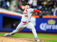 St. Louis Cardinals relief pitcher Ryan Helsley #56 is throwing during the ninth inning of a baseball game against the New York Mets at Citi...