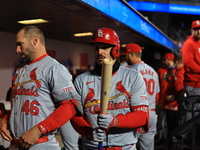 Paul Goldschmidt #46 and Nolan Arenado #28 of the St. Louis Cardinals are standing in the dugout during the baseball game against the New Yo...