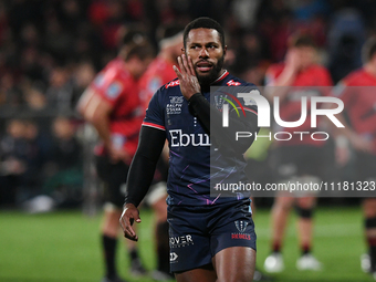 Filipo Daugunu of the Rebels is talking to a teammate during the round ten Super Rugby match between the Crusaders and Melbourne Rebels at A...