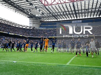 Inter FC players are greeting the supporters at the end of the match following the Italian Serie A football match between Inter FC Internazi...