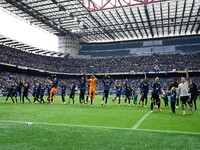 Inter FC players are greeting the supporters at the end of the match following the Italian Serie A football match between Inter FC Internazi...