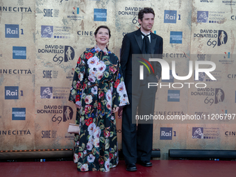 Isabella Rossellini and Josh O'Connor are attending the photocall at the 69th David Di Donatello at Cinecitta Studios in Rome, Italy, on May...
