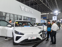 Visitors are viewing the Nezha Car exhibition area at the 21st Anhui International Automobile Exhibition in Hefei, Anhui Province, China, on...