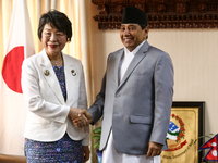 Japanese Minister for Foreign Affairs, Kamikawa Yoko (L), is holding bilateral talks with Nepal's Foreign Minister Narayankaji Shrestha (R)...