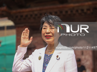 Japanese Foreign Minister Kamikawa Yoko is posing for a photo while touring Kathmandu Durbar Square, a UNESCO World Heritage Site in Kathman...