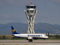 A Boeing 737-8AS belonging to Ryanair is preparing to take off on the runway at Barcelona-El Prat Airport in Barcelona, Spain, on May 1, 202...