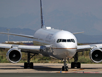 A Boeing 767-424(ER) from United Airlines is preparing to take off on the runway at Barcelona-El Prat Airport in Barcelona, Spain, on May 1,...