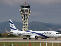 A Boeing 737-958(ER) from El Al Israel Airlines is preparing to take off on the runway at Barcelona-El Prat Airport in Barcelona, Spain, on...