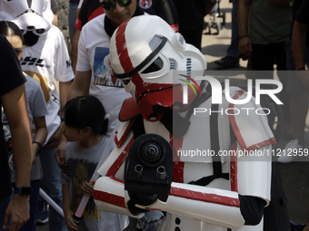 A fan disguised as a Stormtrooper is posing during the Reto Fest CDMX convention to celebrate World Star Wars Day at the Churubusco Conventi...