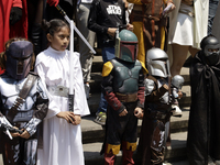 Star Wars fans are posing as Star Wars characters during the Reto Fest CDMX convention to celebrate World Star Wars Day at the Churubusco Co...