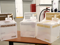 Ballot boxes are being shown during a tour to display the electoral packages that will be used for the 2024 elections in Mexico. This event...