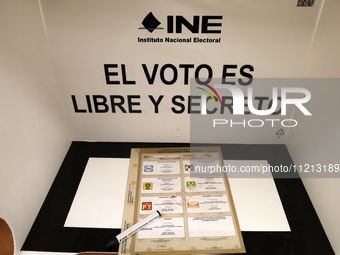 An electoral ballot paper is being shown during a tour to present the electoral packages that will be used for the 2024 elections in Mexico....